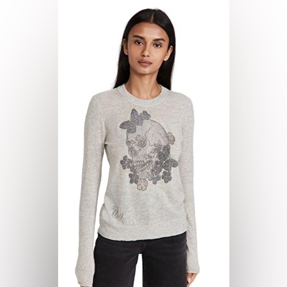 Zara Light Gray Crewneck Sweatshirt with Floral Skull Graphic